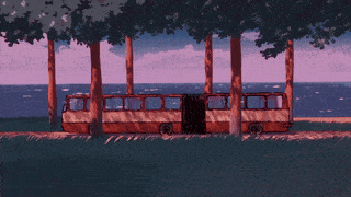 a bus driving on the seaside on a sunny day, anime style