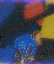 a girl standing up with colourful shapes falling in the background
