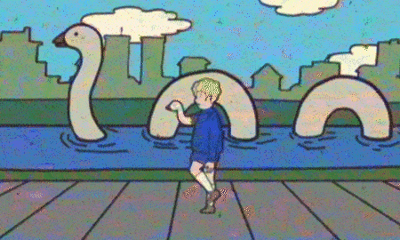 boy with a goose for a hand, walking along the river with a big goose serpent following it