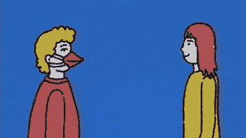 Boy with a goose mask, putting human mask on top of it due to distress of a girl next to him