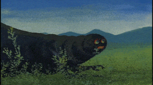 a black worm creature crawling through a field, from painting of Aleksandra Waliszewska