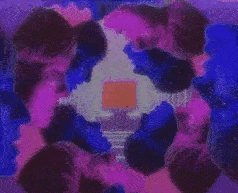 cutout faces, rotating around an old CRT computer monitor in a void